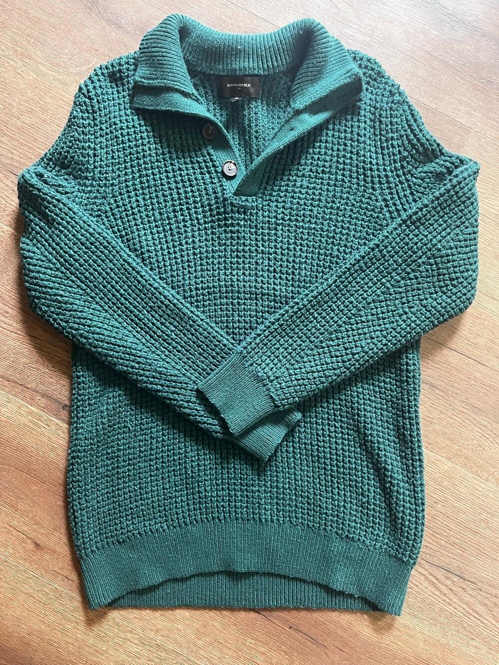 Banana Republic Green Waffle Knit Sweater M Button Neck Eclectic Grandpa